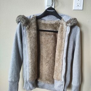 American Eagle Grey Hoodie with Faux Fur Lining